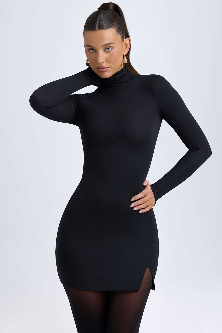 modal mini-jurk met colkraag in zwart
