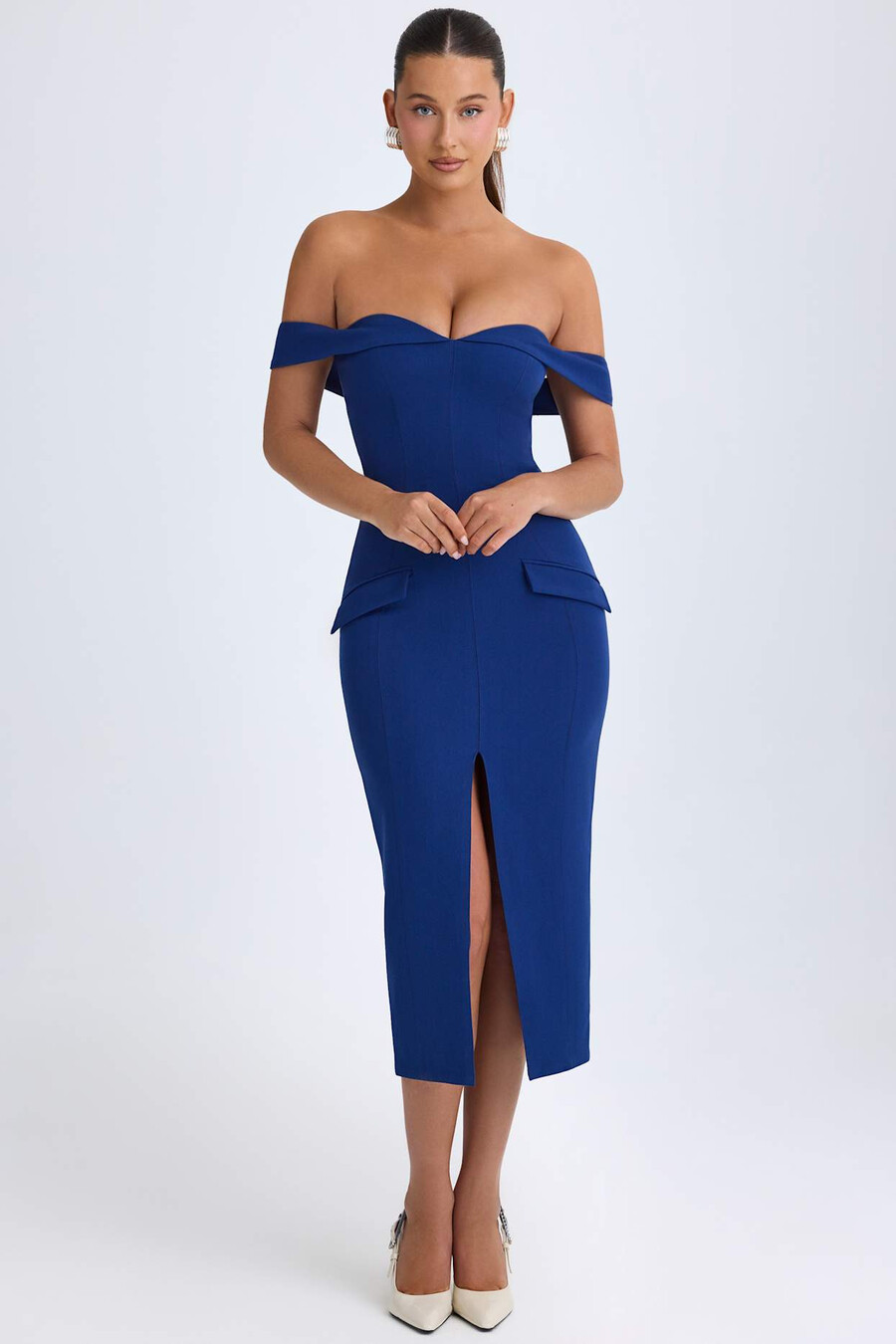 off-shoulder midaxijurk in diep marineblauw
