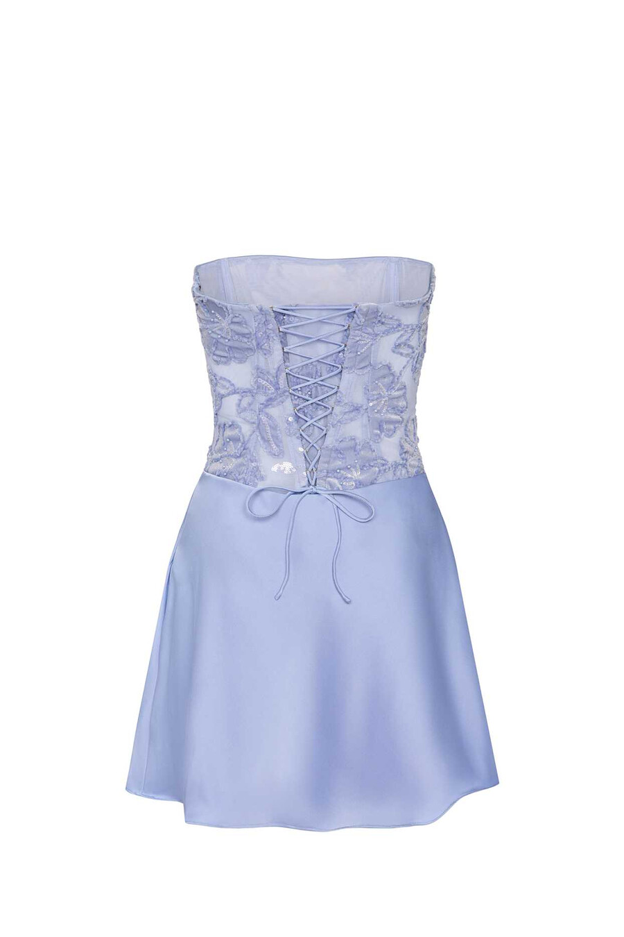 versierde gedrapeerde strapless a-lijn mini-jurk in hemelsblauw