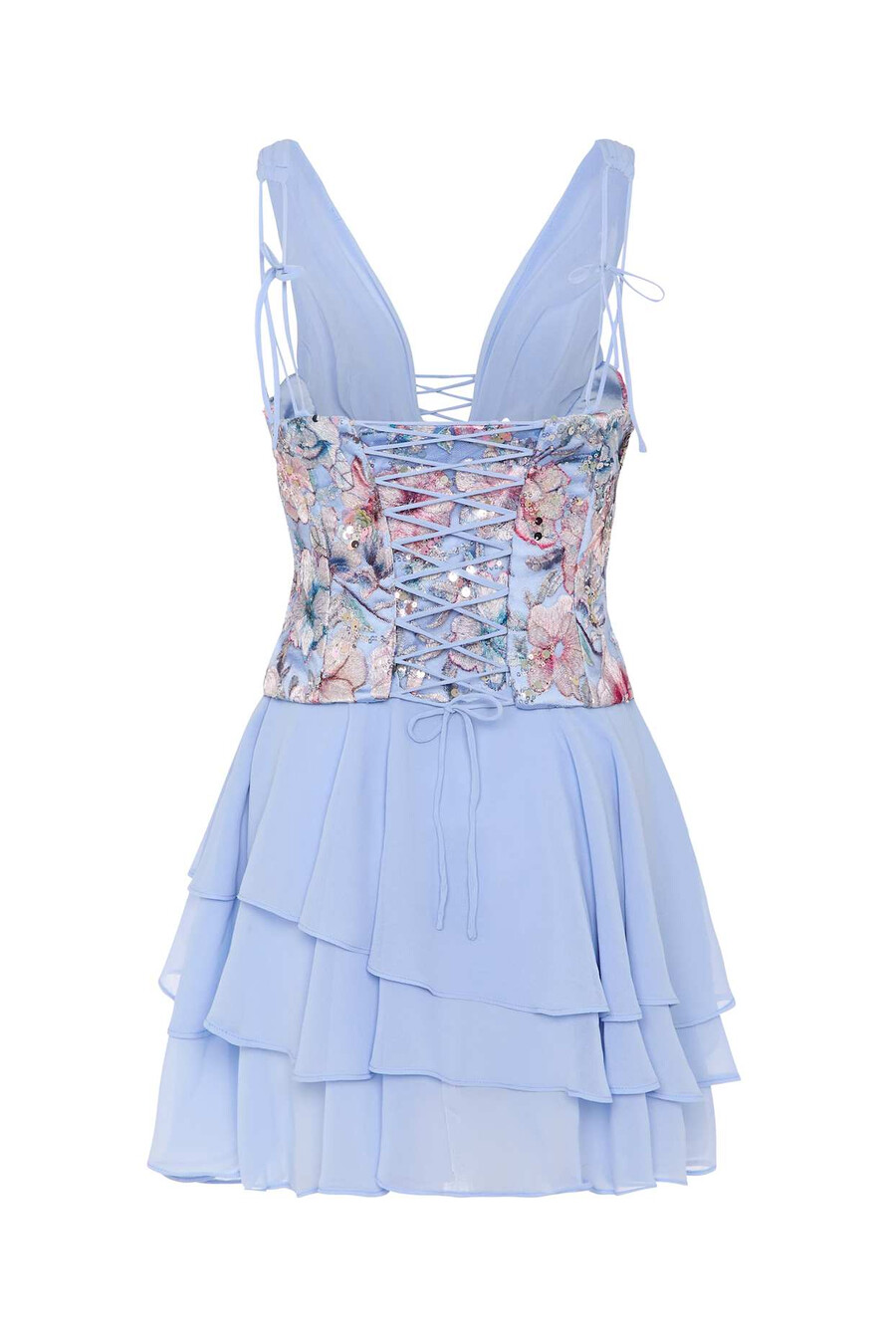 korsetminijurk met gelaagde rok in bloemenblauw