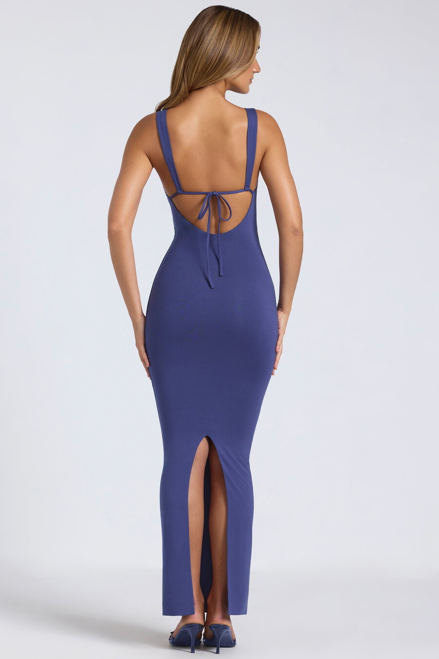 modal maxi-jurk met vierkante hals en lage rug in marineblauw