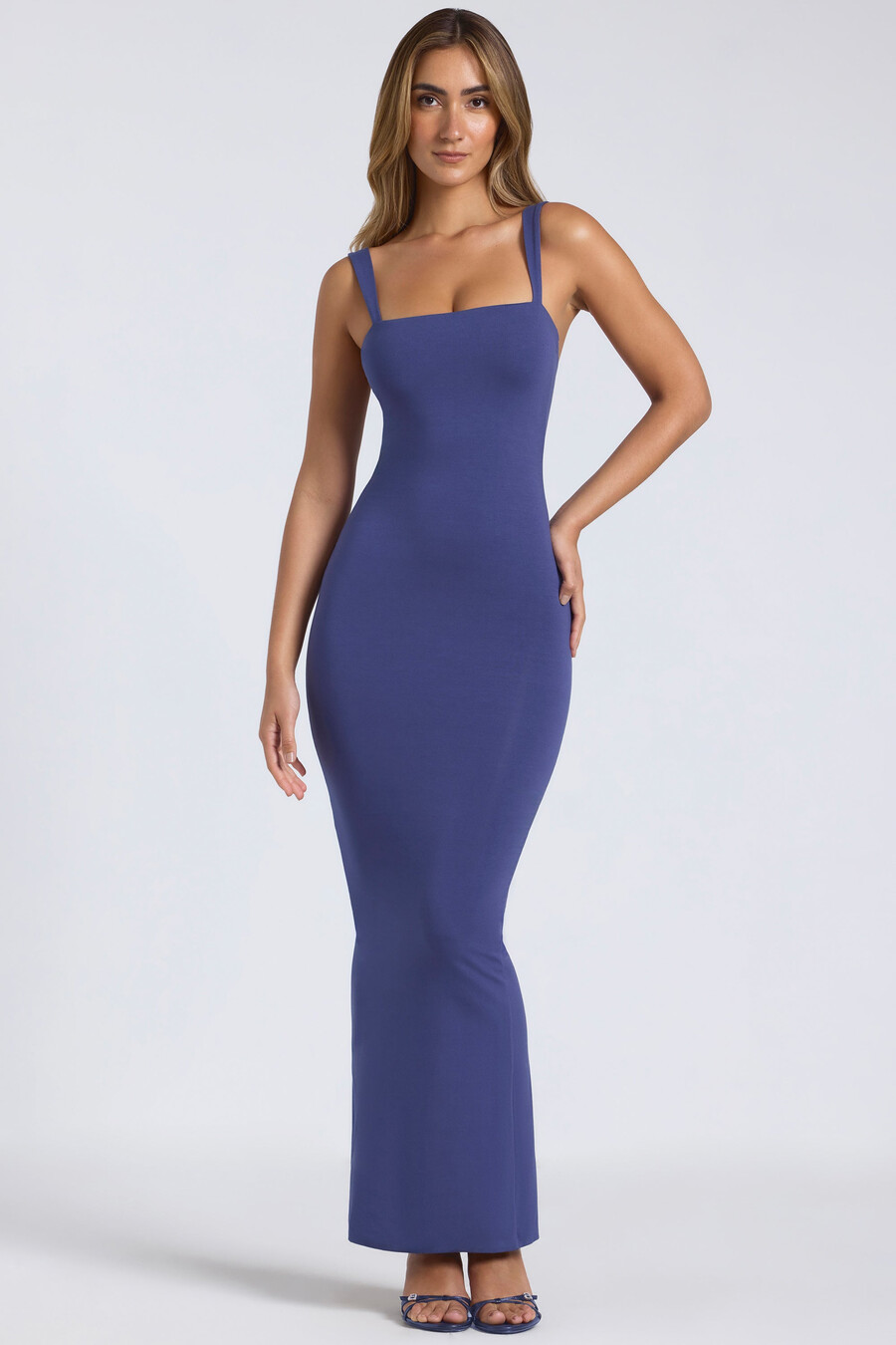 modal maxi-jurk met vierkante hals en lage rug in marineblauw