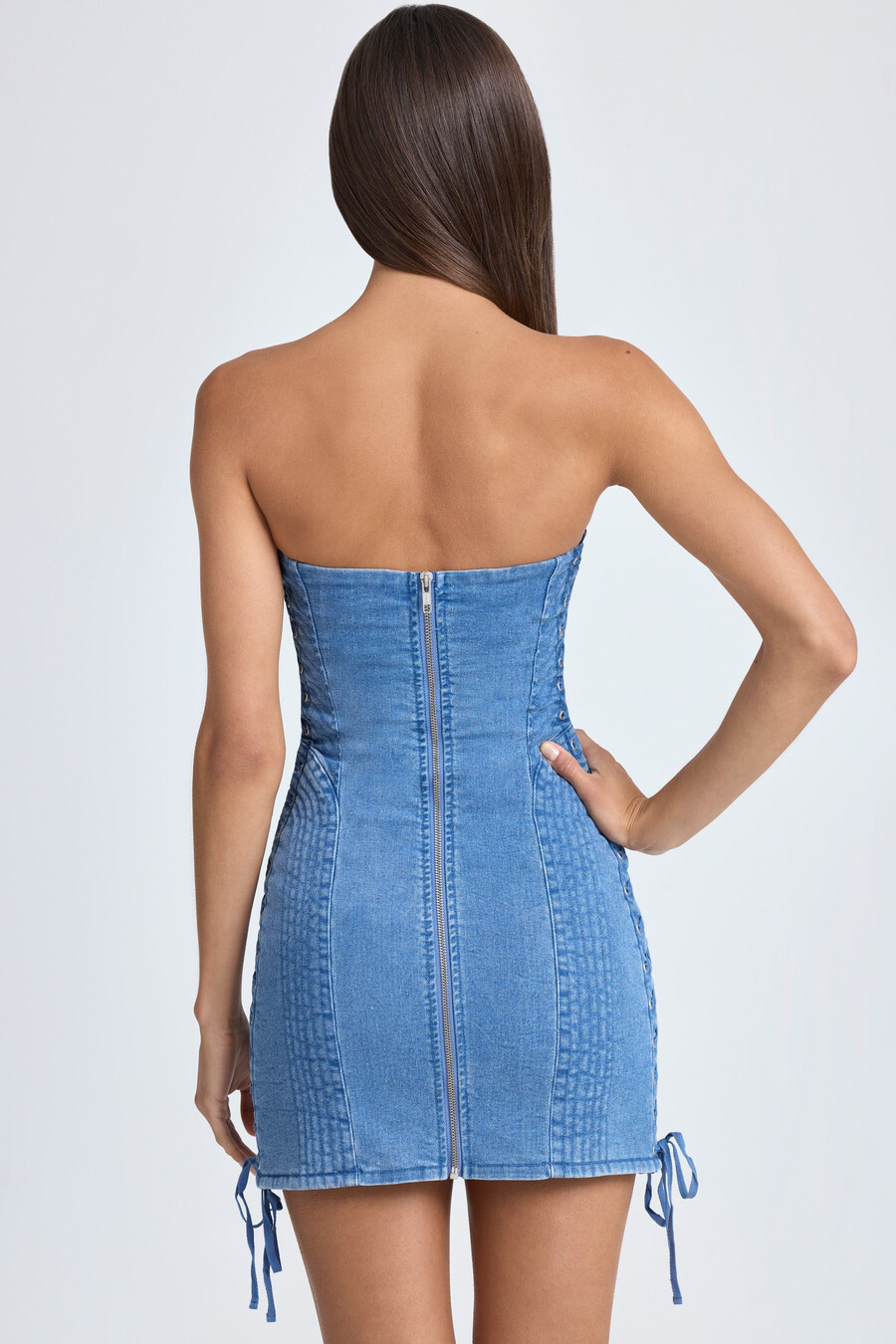 bandeau mini-jurk met vetersluiting in middenblauw stonewash