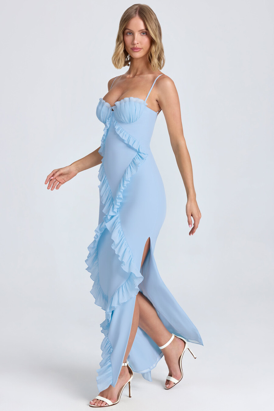 maxi-jurk met plissé en ruches in poederblauw
