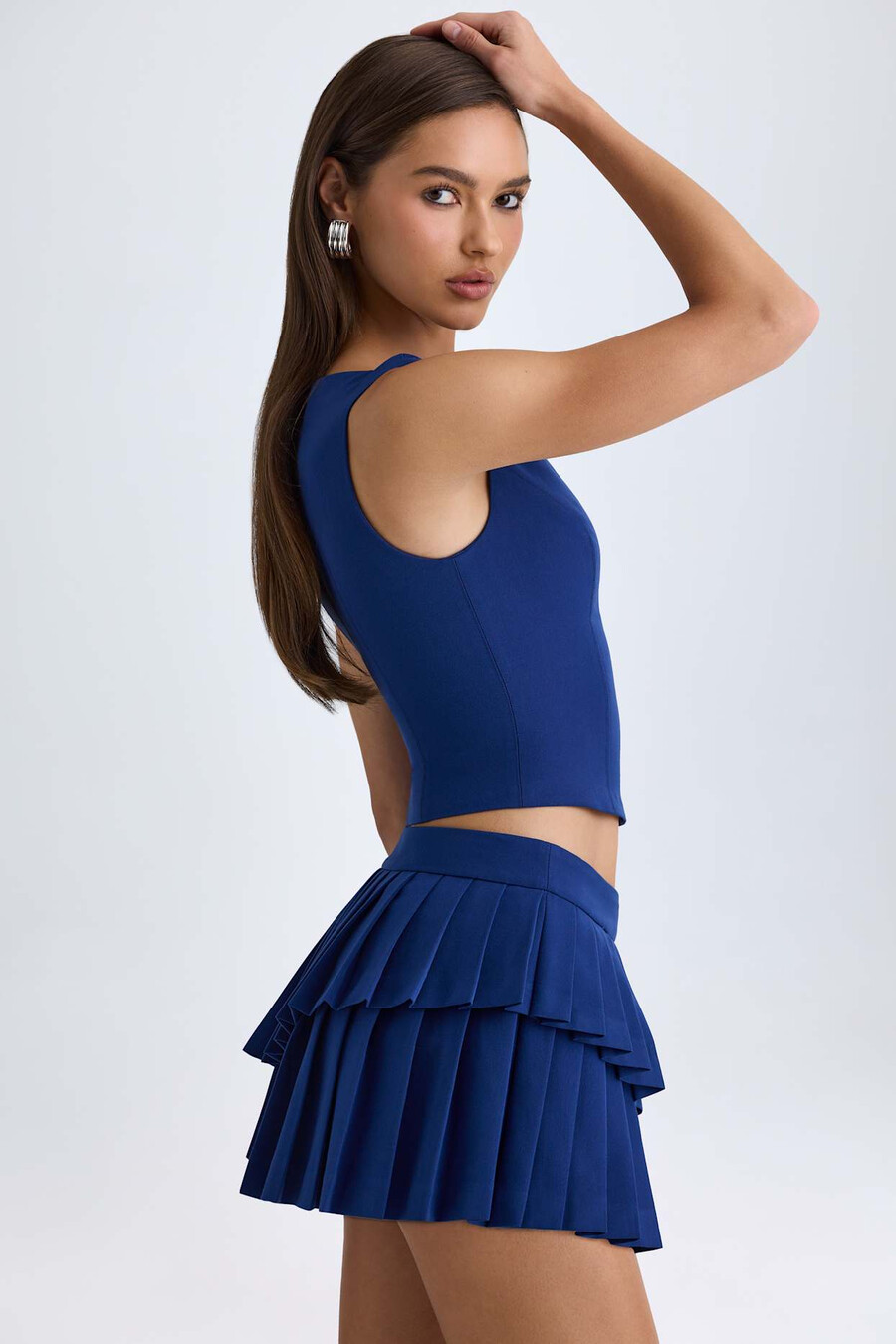 gelaagde geplooide minirok met lage taille in donkerblauw
