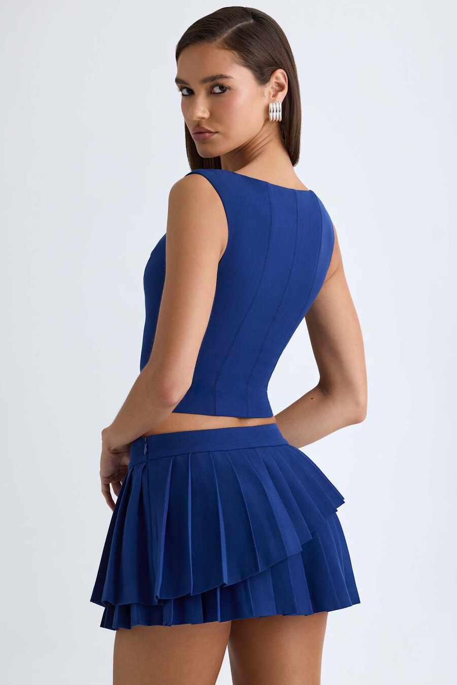 gelaagde geplooide minirok met lage taille in donkerblauw