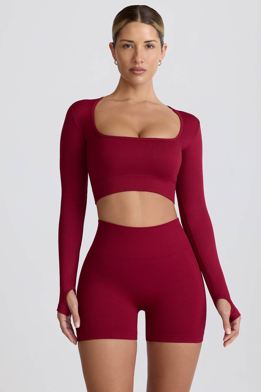 super sculpt naadloze mini-shorts met hoge taille in bordeauxrood