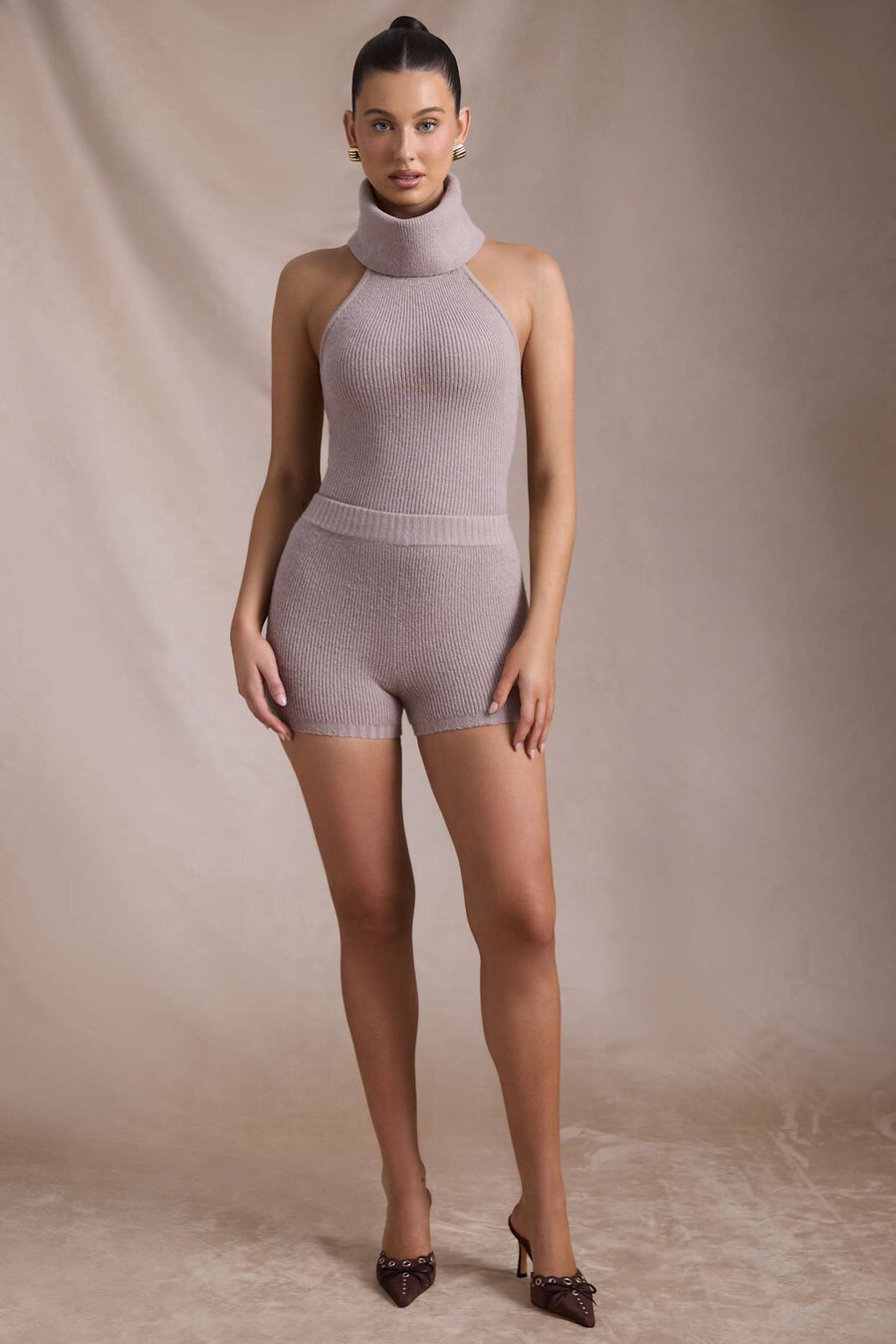 geribbelde gebreide shorts in taupe