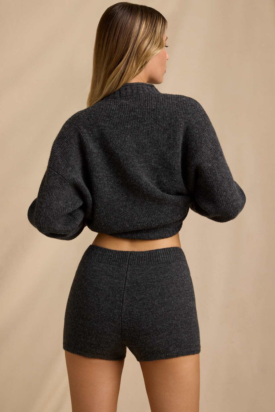 gebreide mini-shorts met middelhoge taille in antracietgrijs gemêleerd
