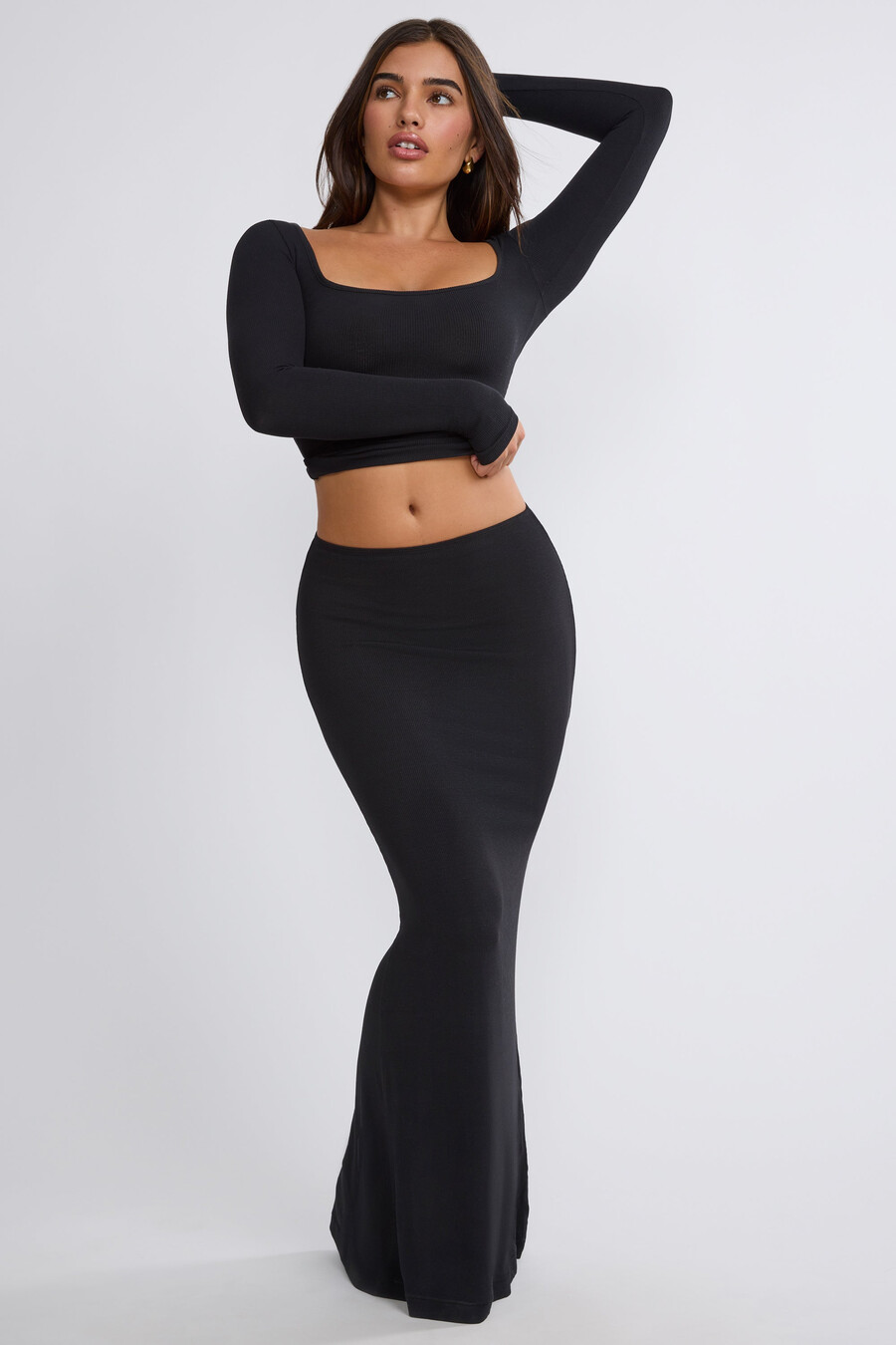 geribbelde modal maxi-rok met middelhoge taille in zwart