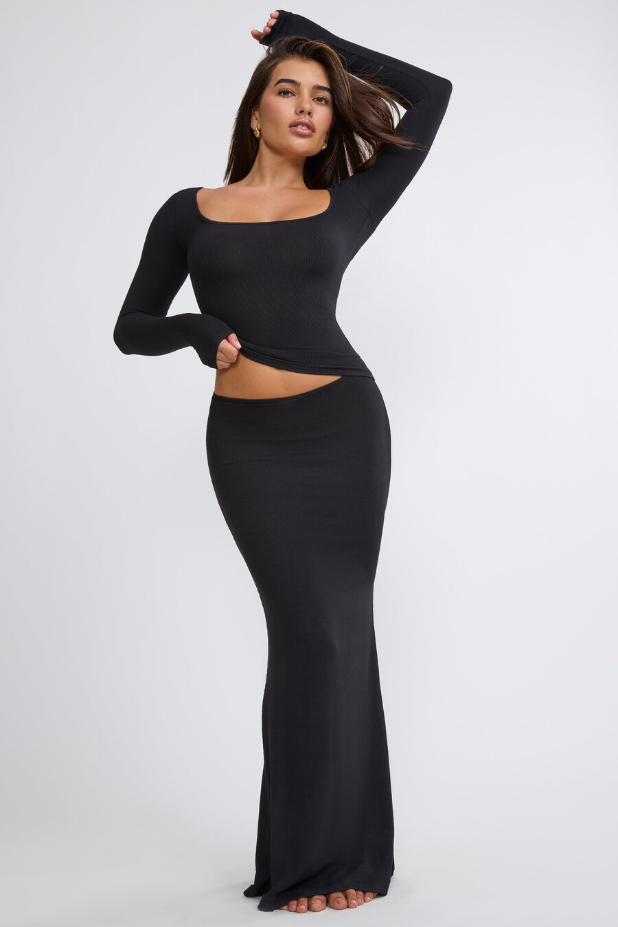 geribbelde modal maxi-rok met middelhoge taille in zwart