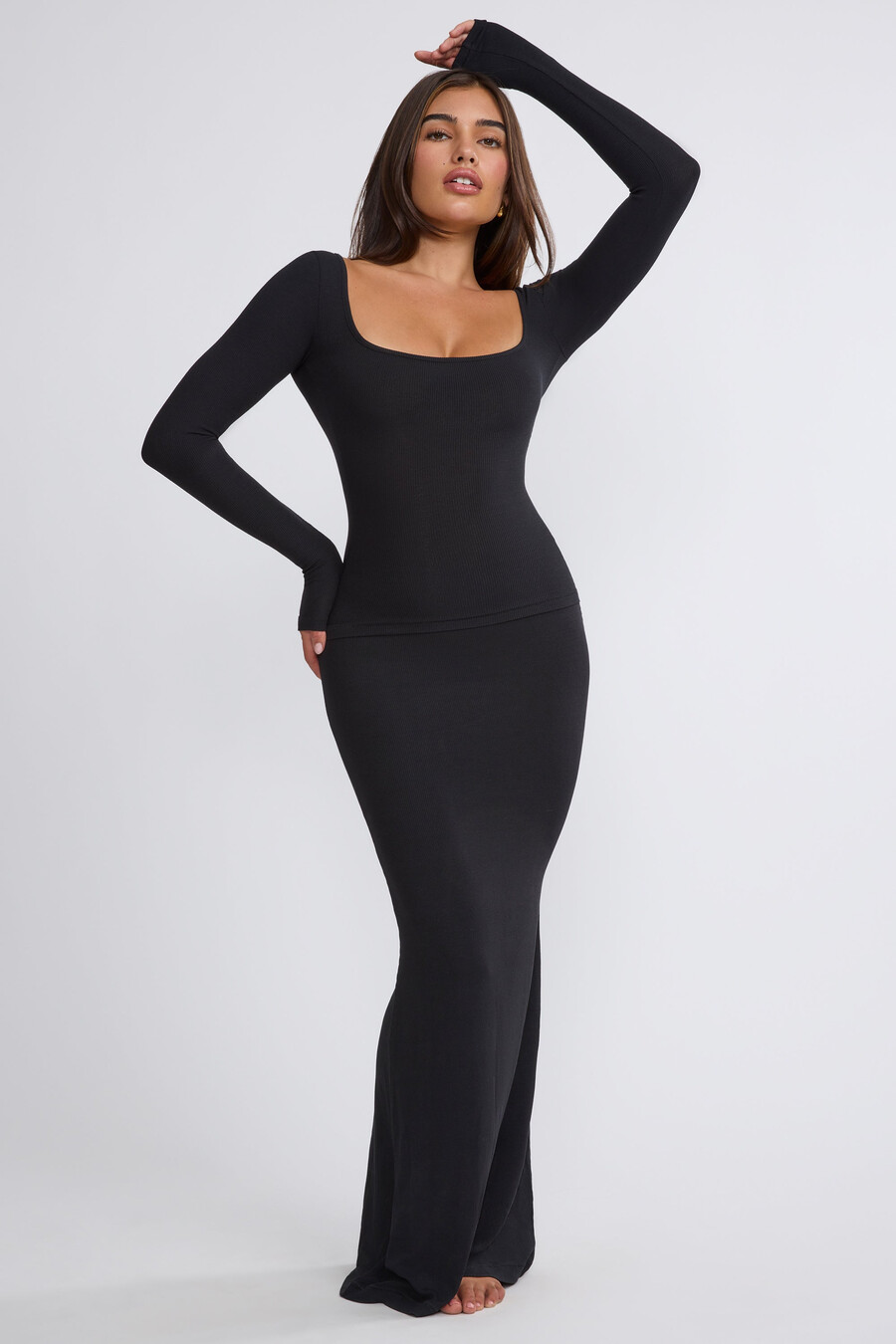 geribbelde modal maxi-rok met middelhoge taille in zwart