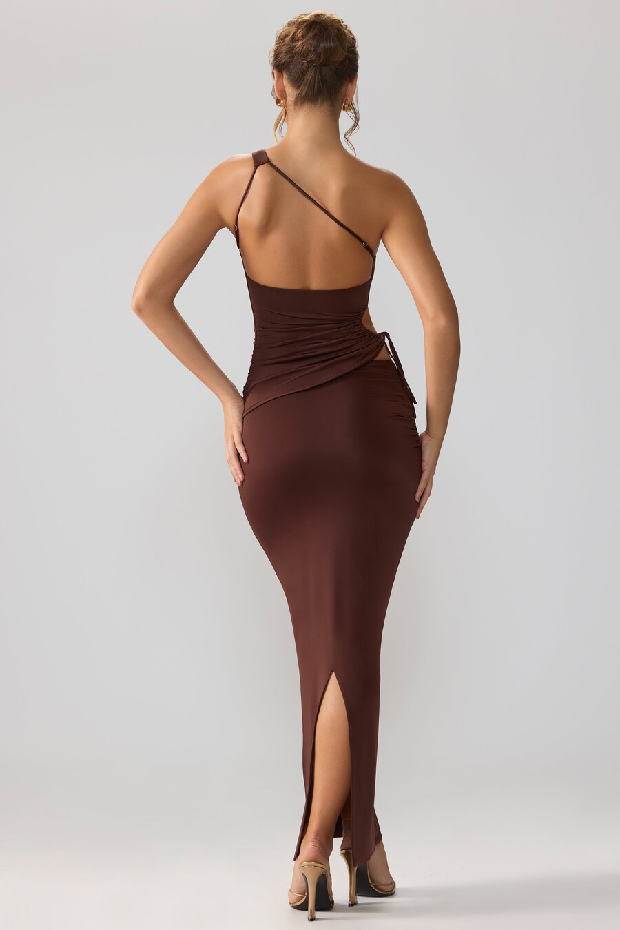 soepele jersey maxi-rok met asymmetrische taille in espresso
