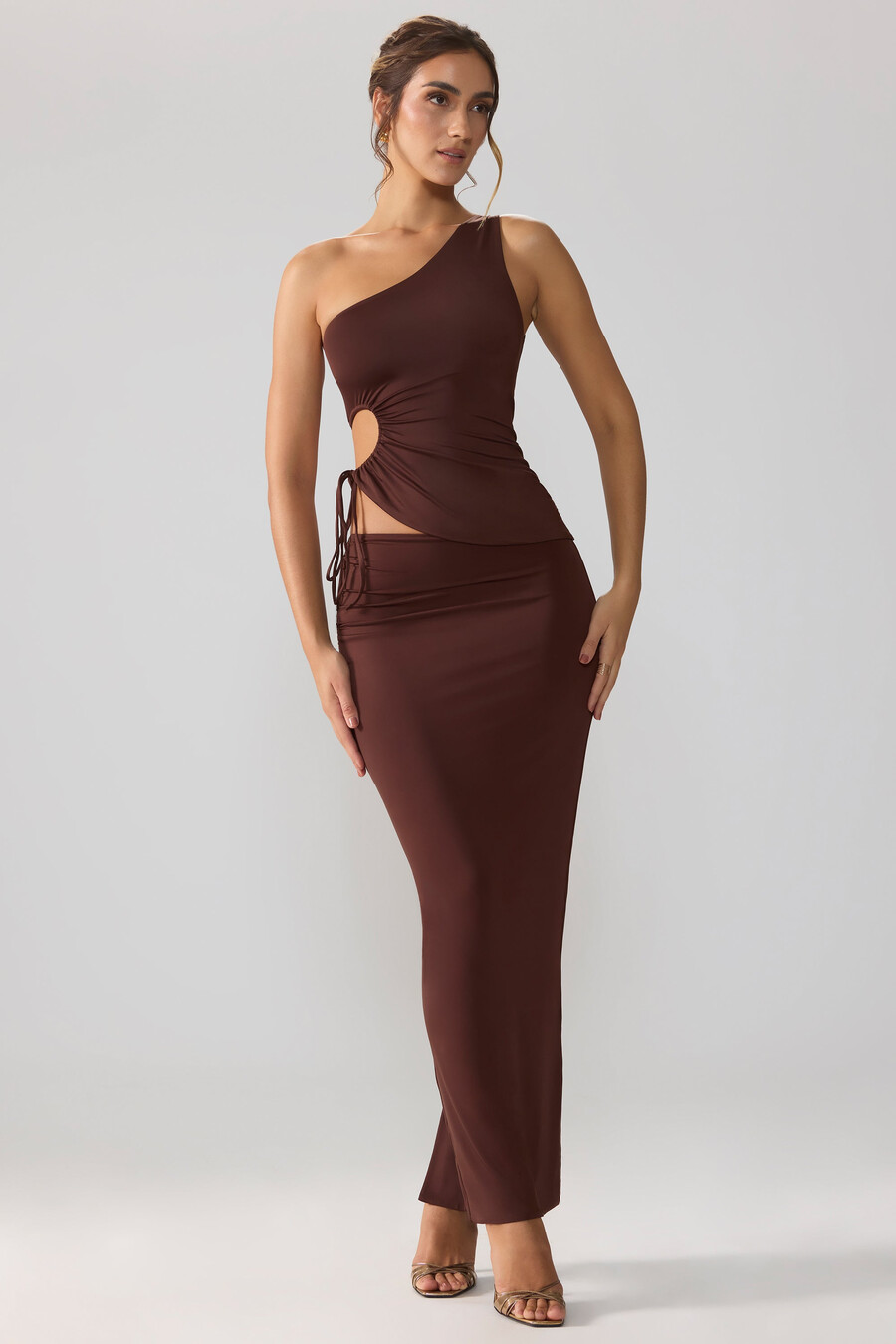soepele jersey maxi-rok met asymmetrische taille in espresso