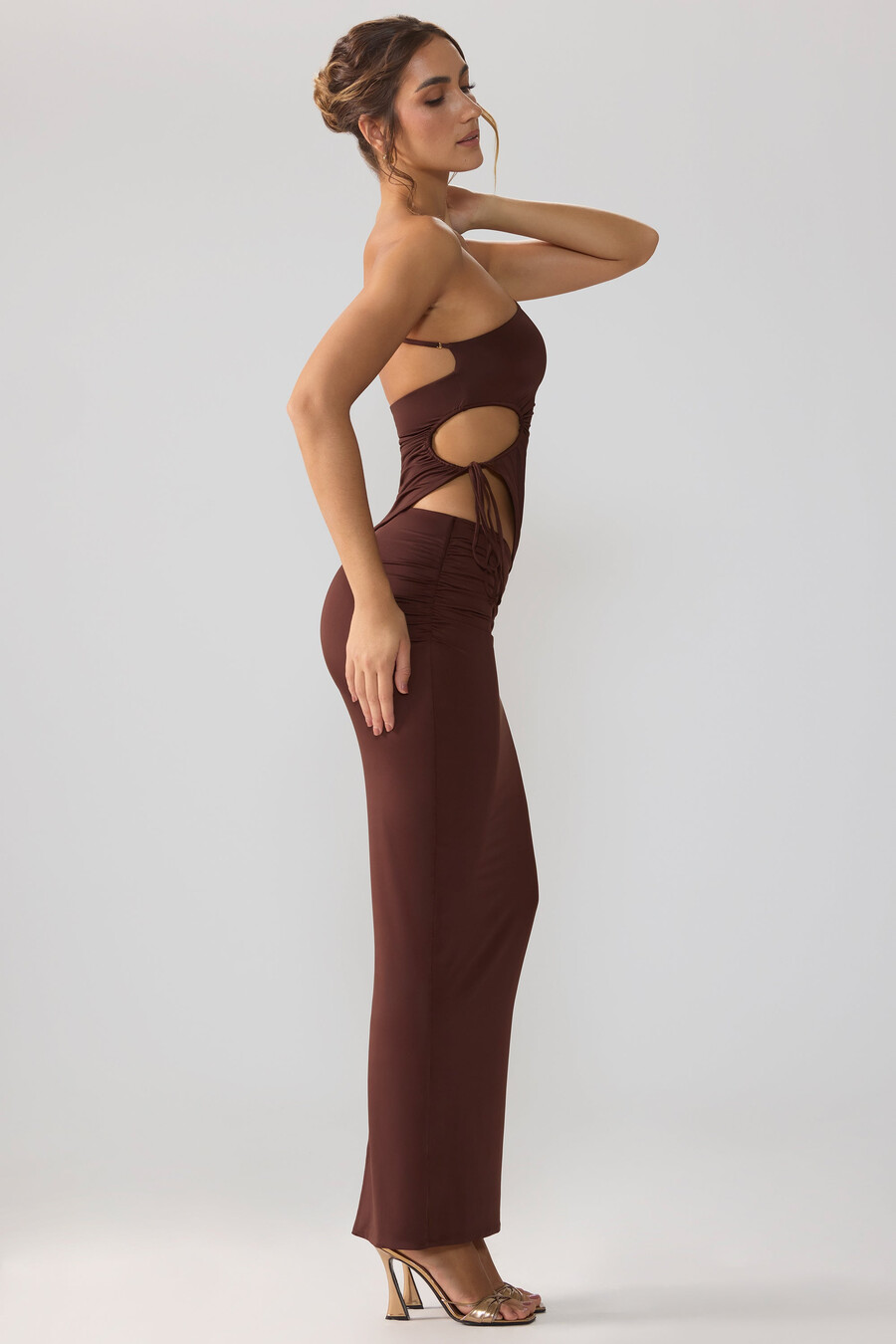 soepele jersey maxi-rok met asymmetrische taille in espresso