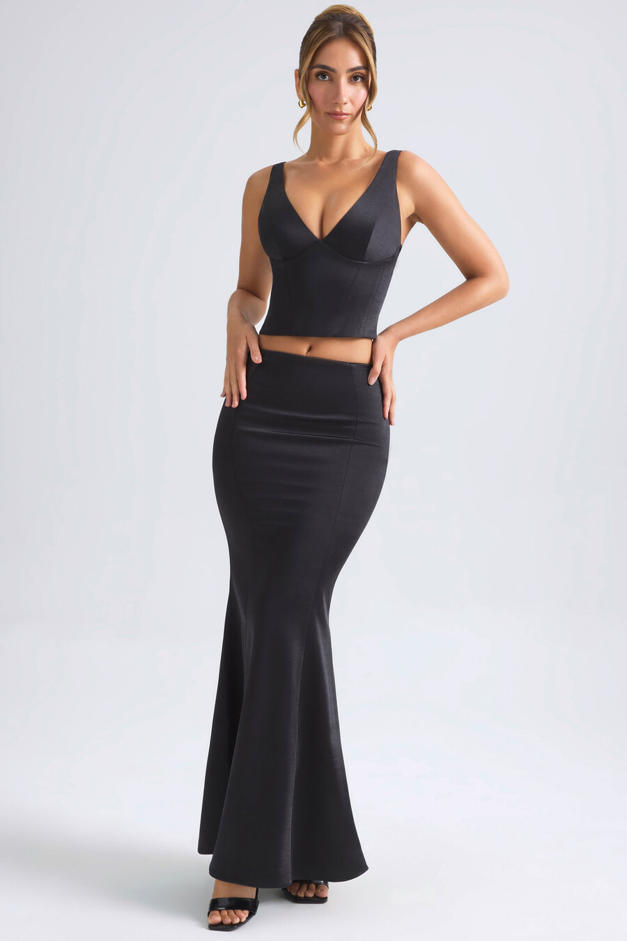 maxi rok met middelhoge taille en fishtail-model in zwart