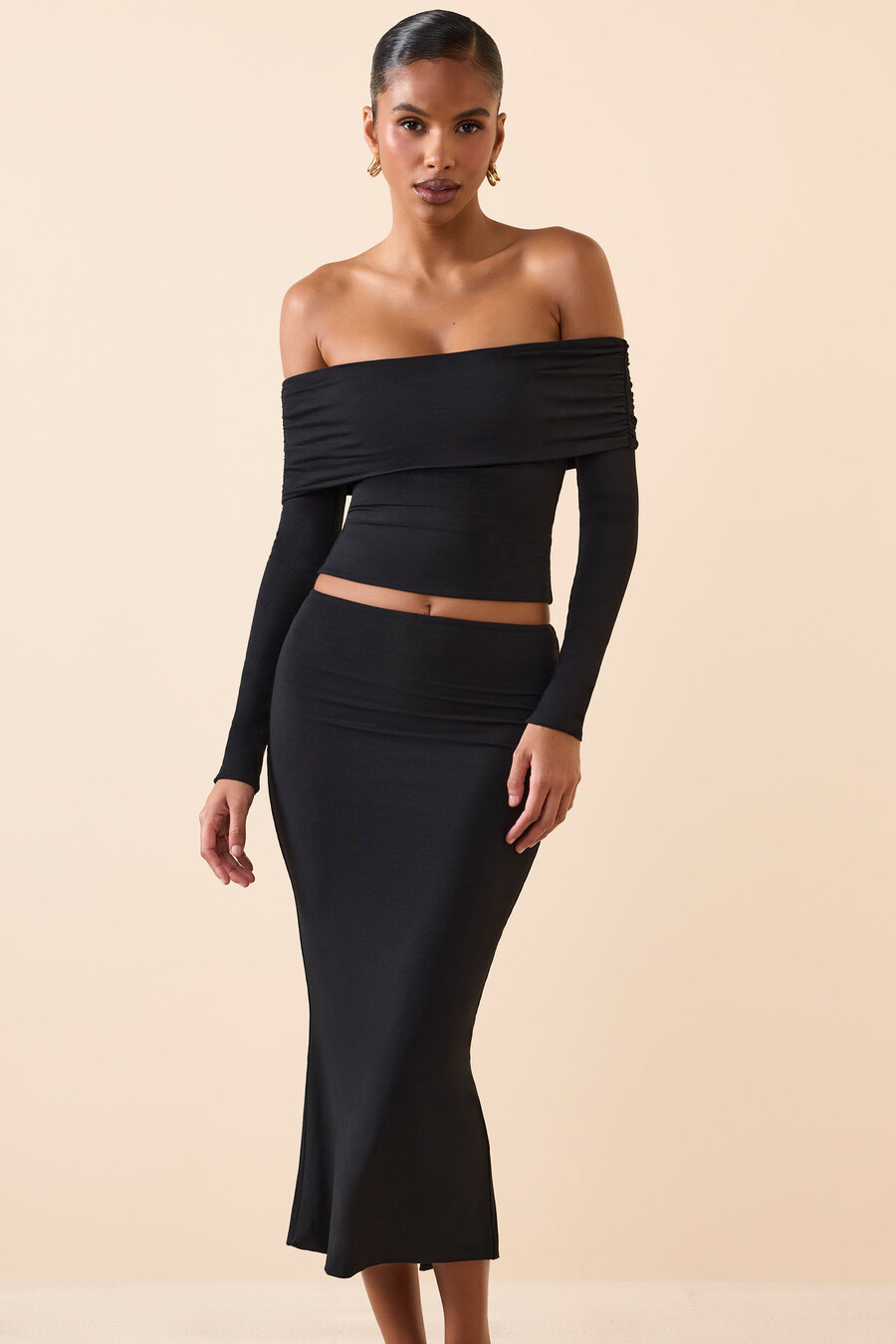 midaxi rok van modal met middelhoge taille in zwart