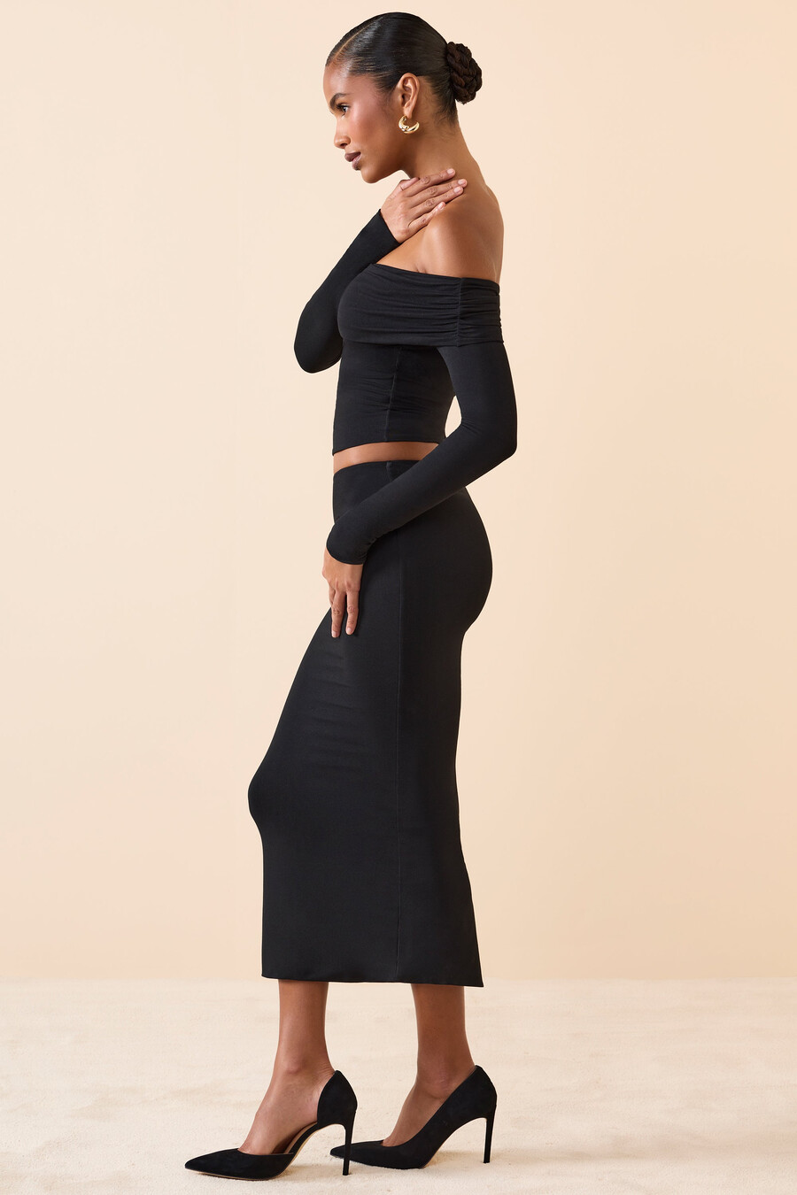 midaxi rok van modal met middelhoge taille in zwart