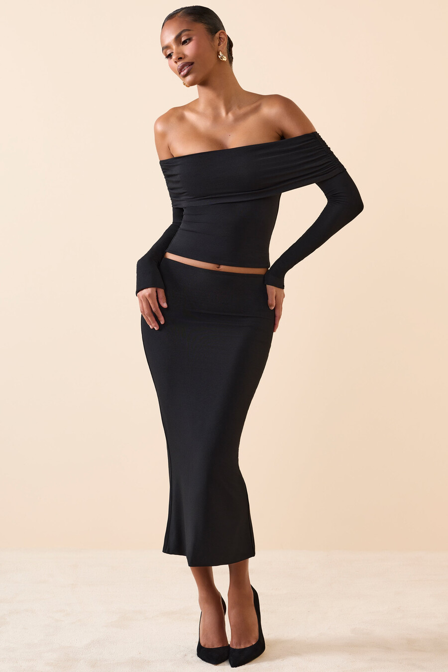 midaxi rok van modal met middelhoge taille in zwart