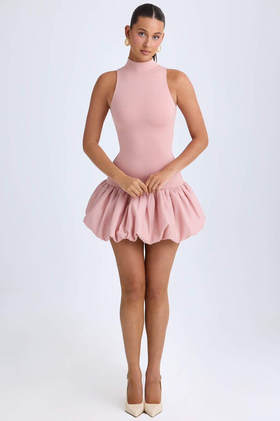 mini-jurk met colkraag verlaagde taille en ballonzoom in roze mauve