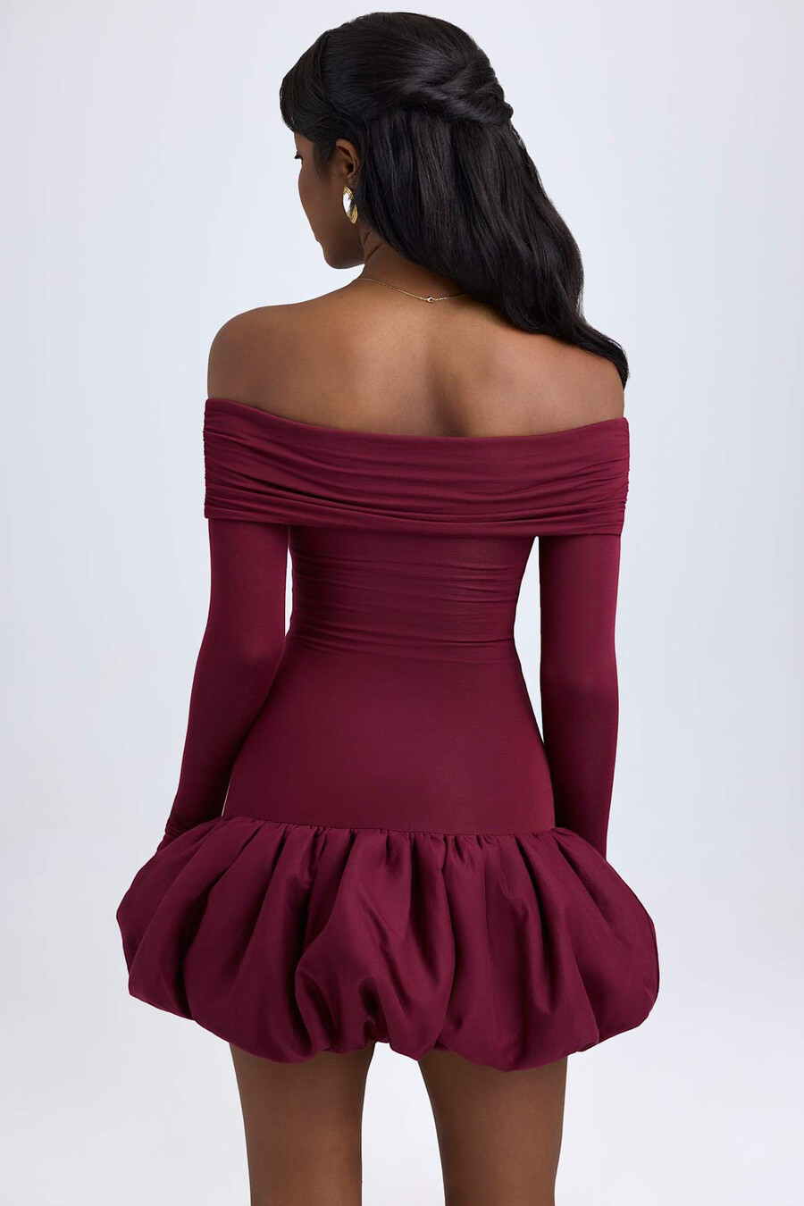modal off-shoulder mini-jurk met ballonzoom in wijnrood