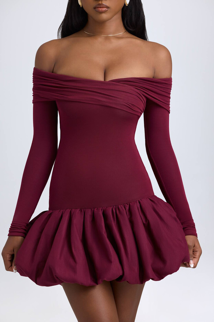 modal off-shoulder mini-jurk met ballonzoom in wijnrood