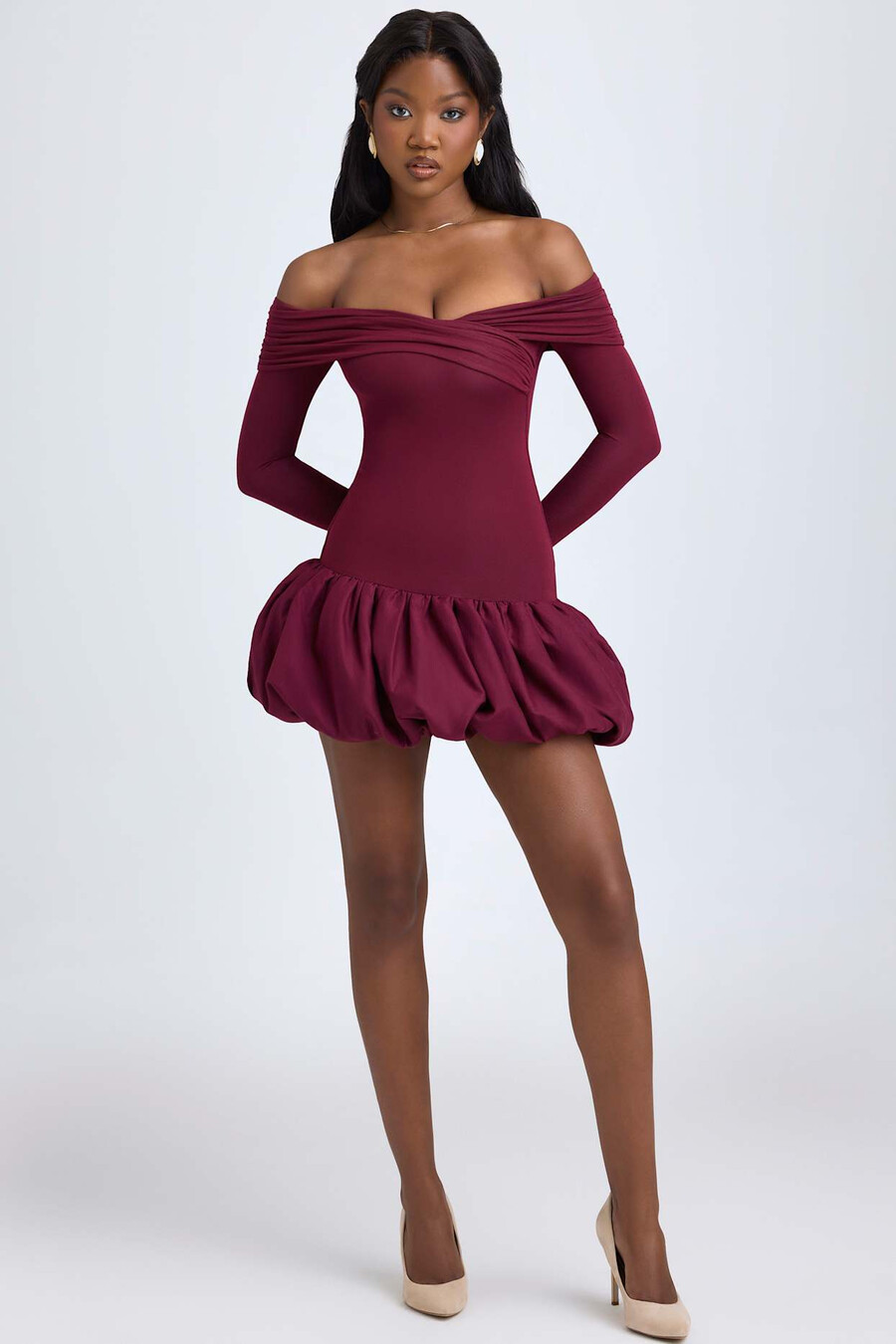 modal off-shoulder mini-jurk met ballonzoom in wijnrood