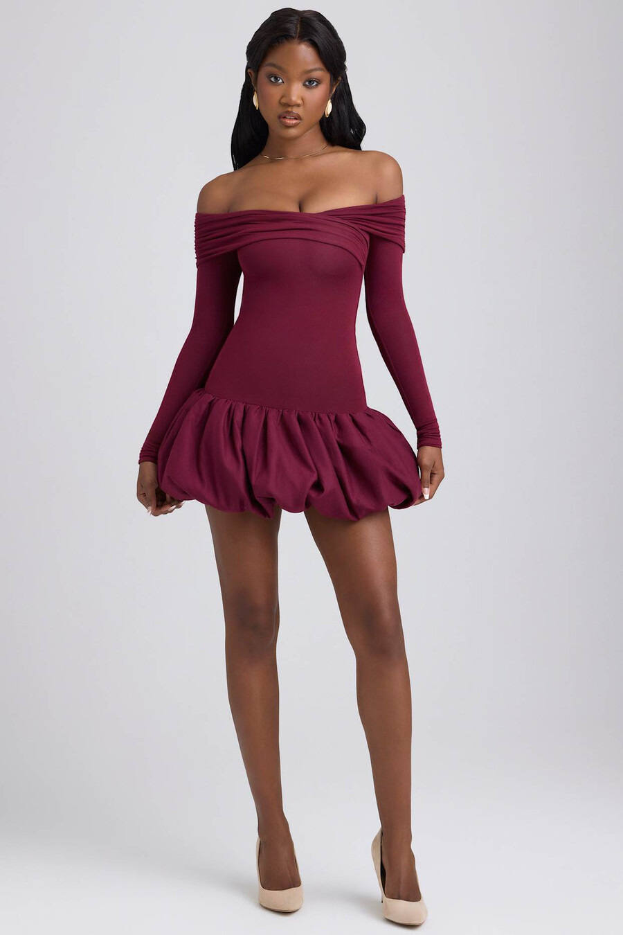 modal off-shoulder mini-jurk met ballonzoom in wijnrood