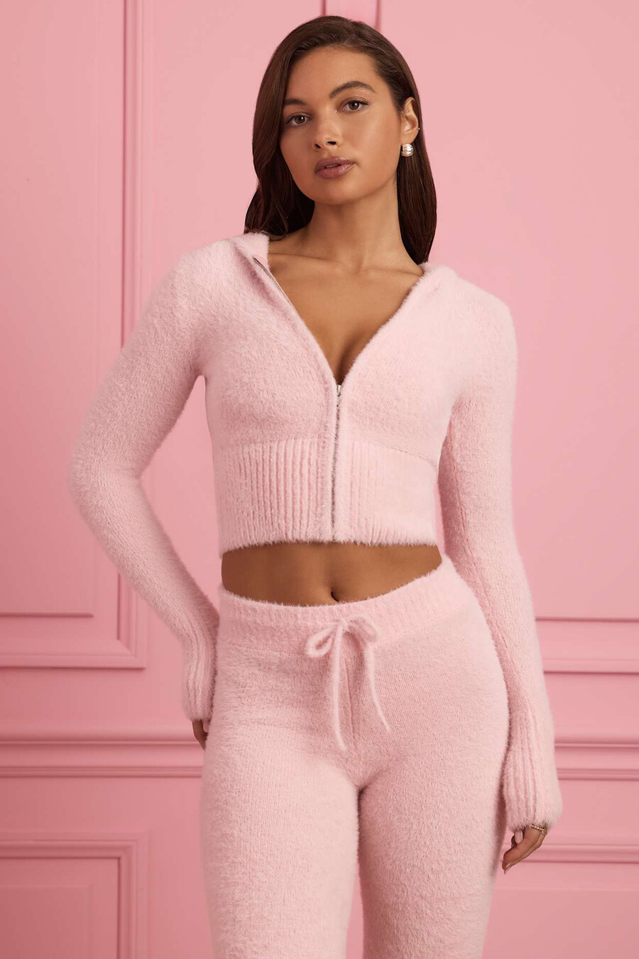 pluche gebreide hoodie met rits in babyroze
