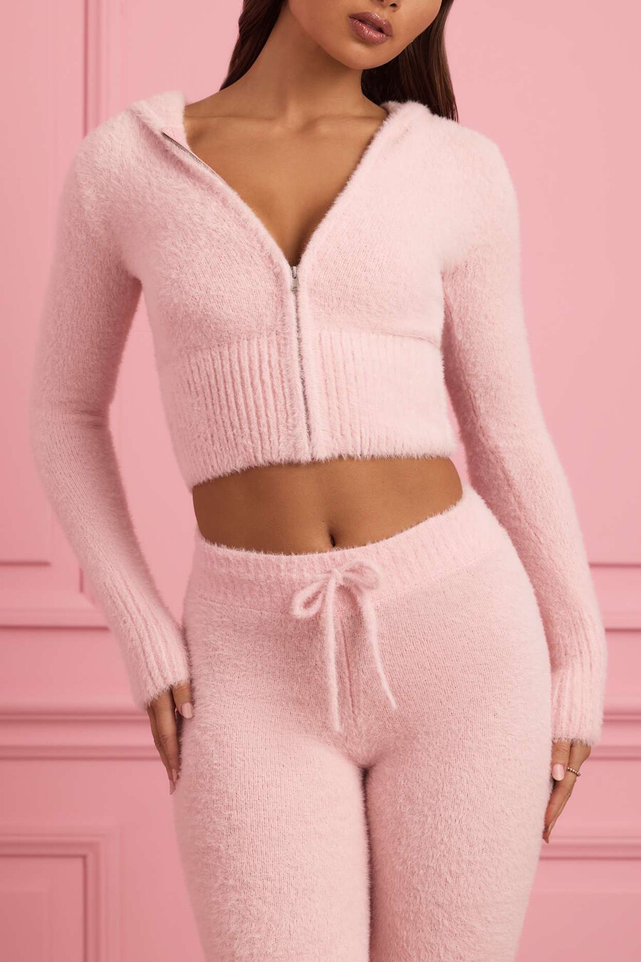 pluche gebreide hoodie met rits in babyroze