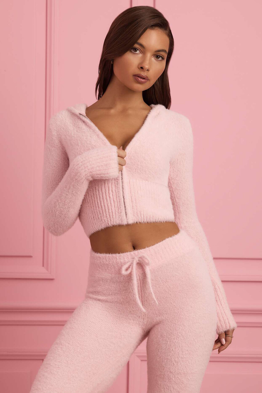 pluche gebreide hoodie met rits in babyroze