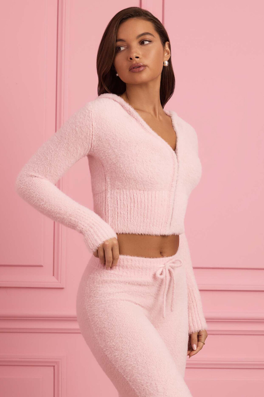 pluche gebreide hoodie met rits in babyroze