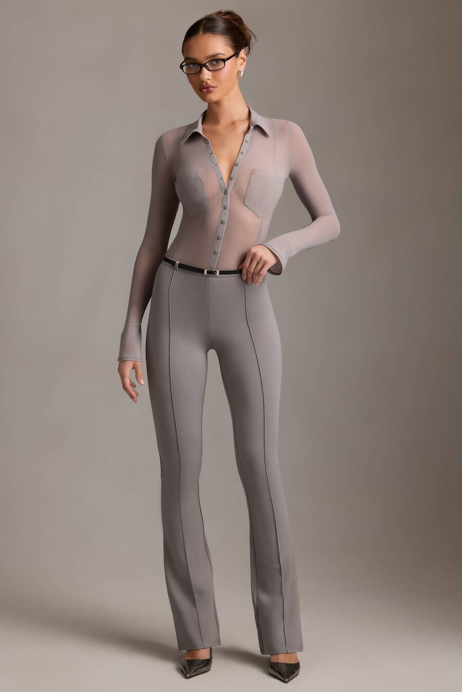 doorzichtige blouse met lange mouwen in grijs
