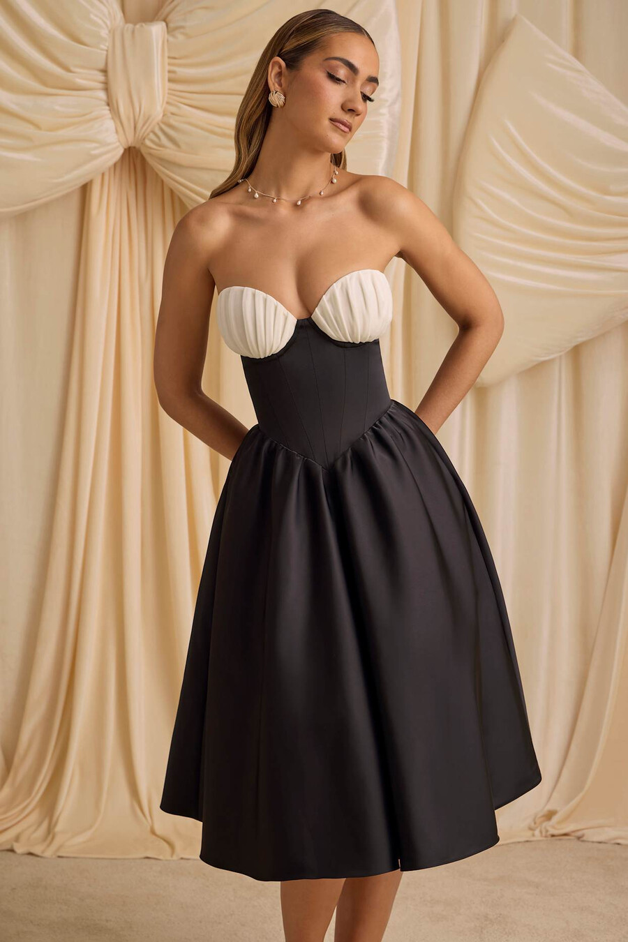 strapless korset midi-jurk in zwart