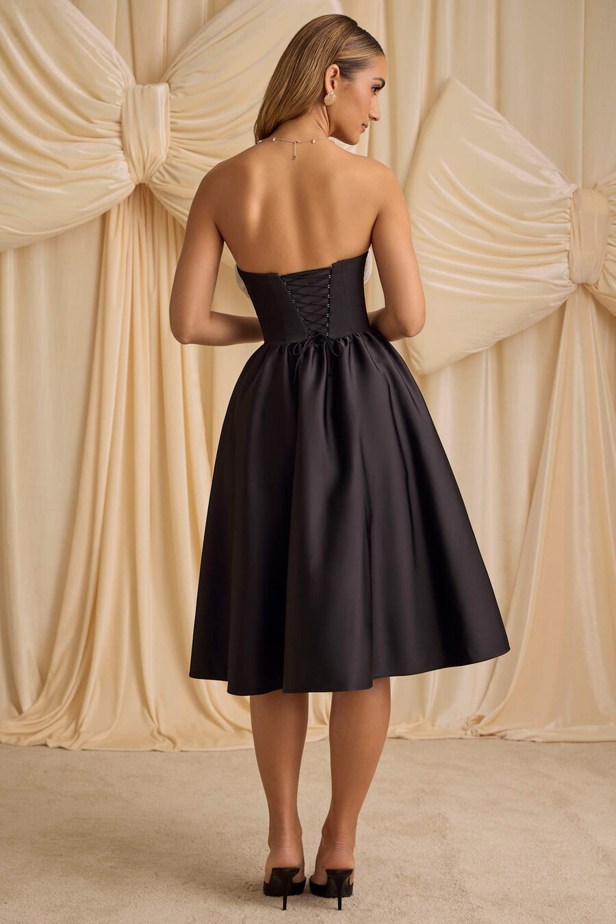 strapless korset midi-jurk in zwart