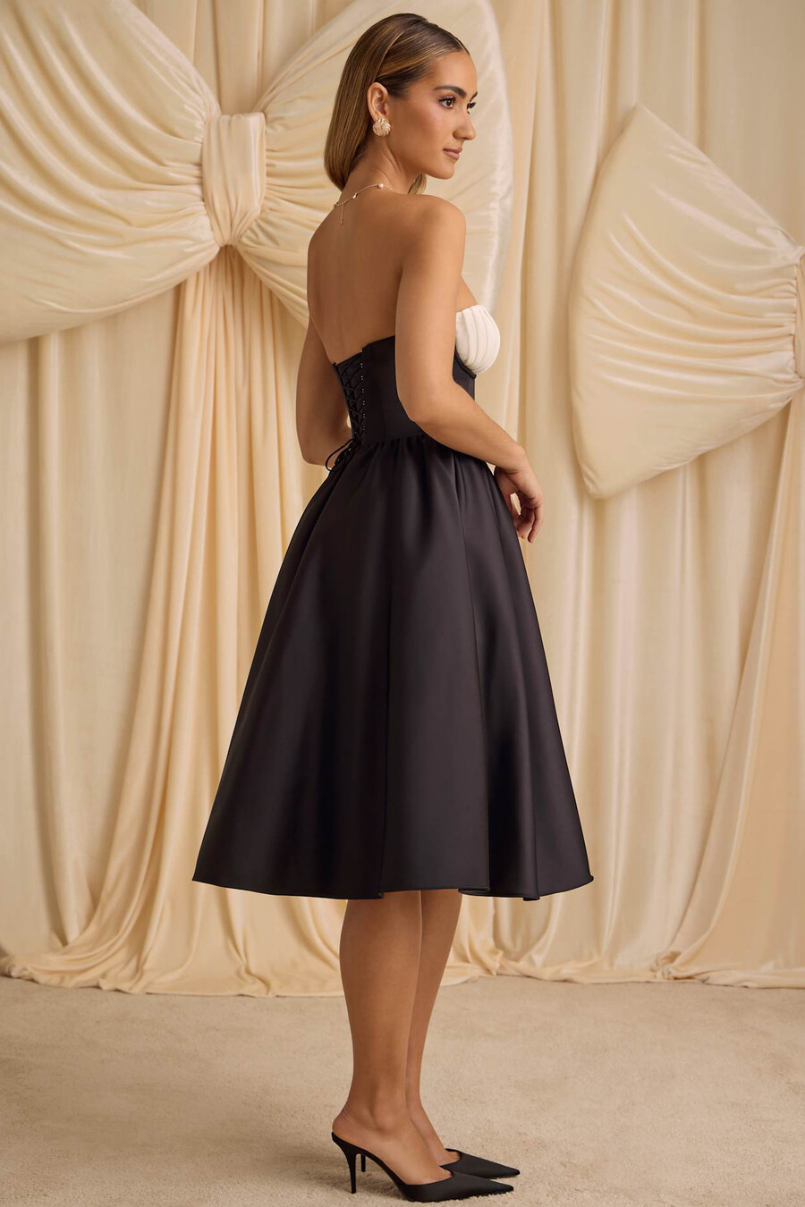strapless korset midi-jurk in zwart