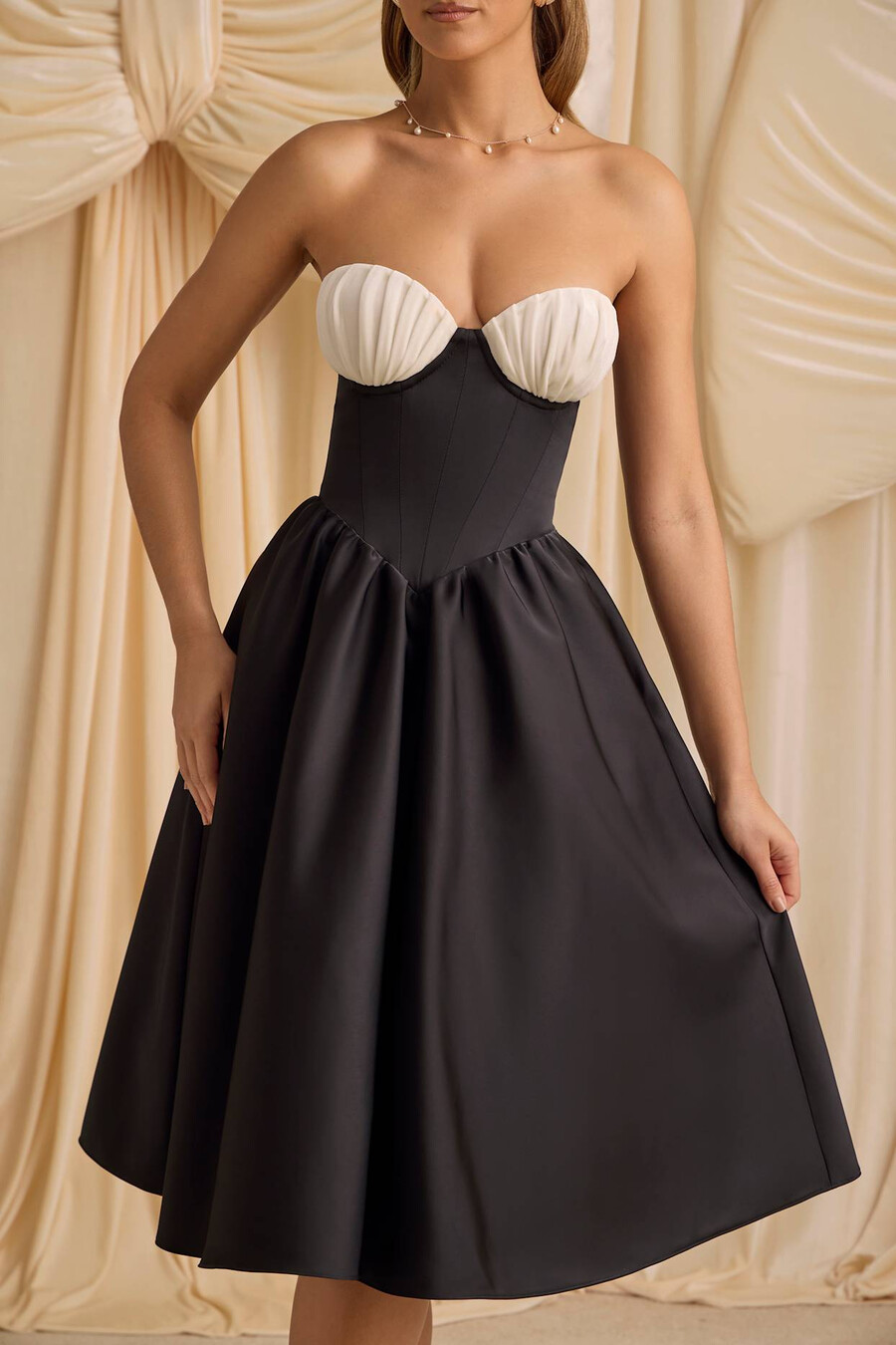 strapless korset midi-jurk in zwart