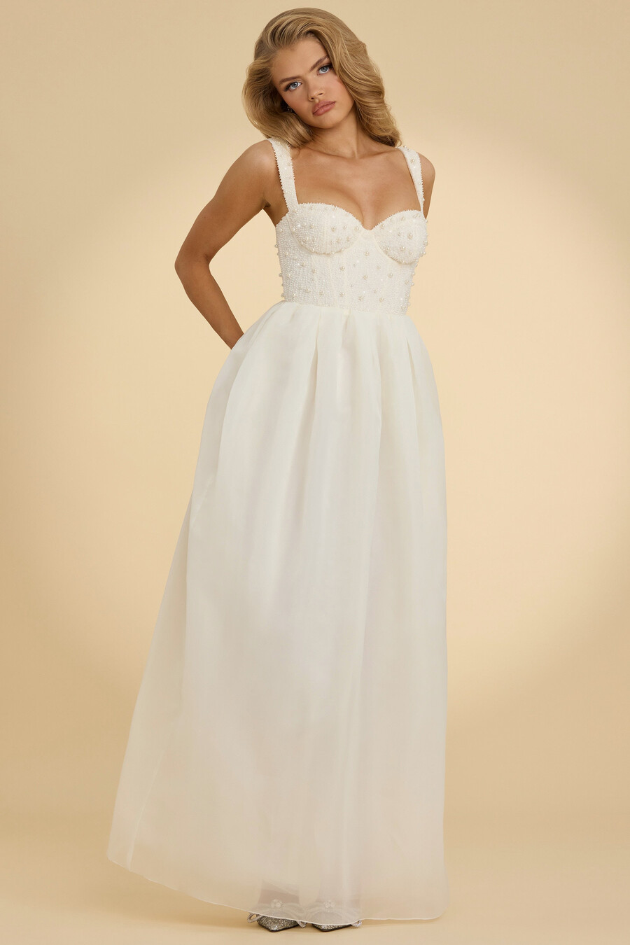maxi-jurk van organza met korset in wit