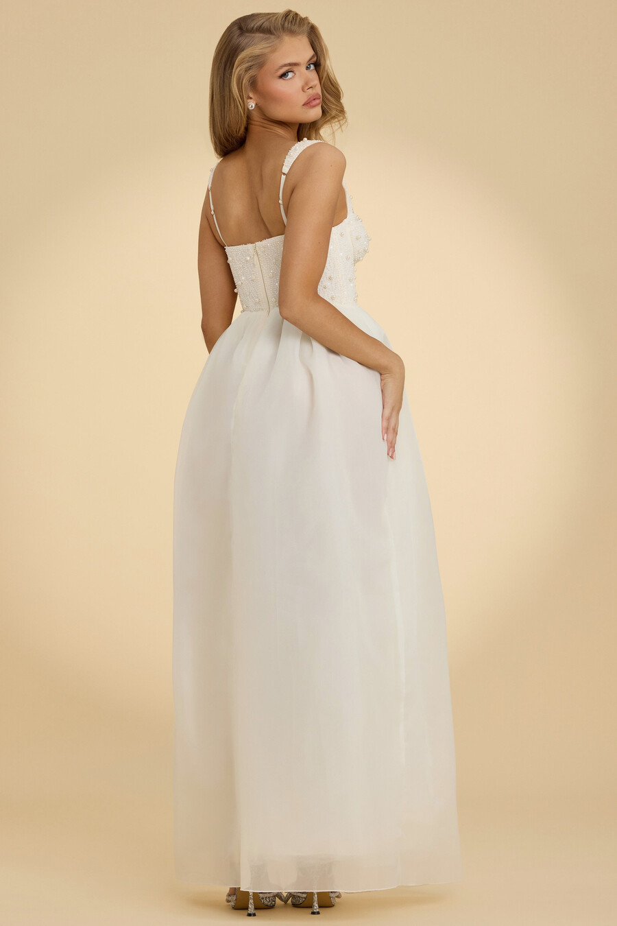 maxi-jurk van organza met korset in wit