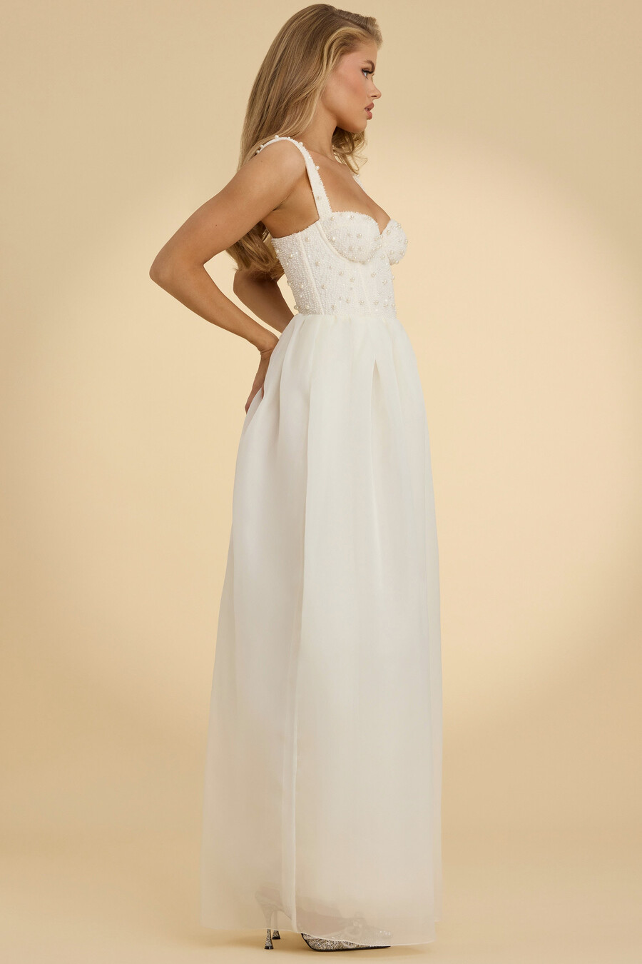 maxi-jurk van organza met korset in wit