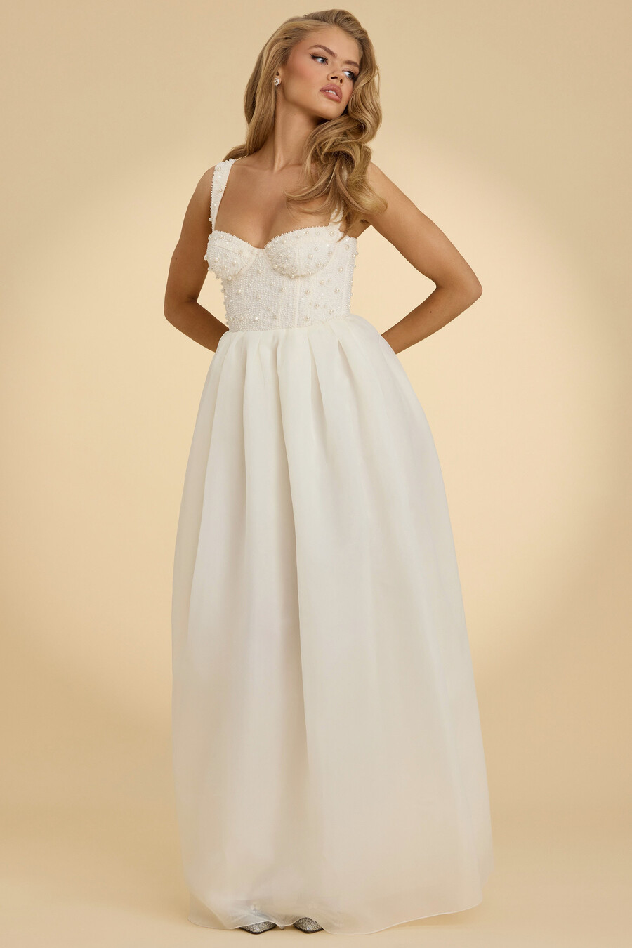 maxi-jurk van organza met korset in wit