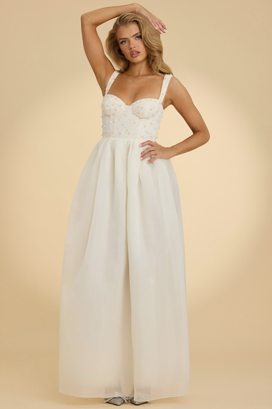 maxi-jurk van organza met korset in wit