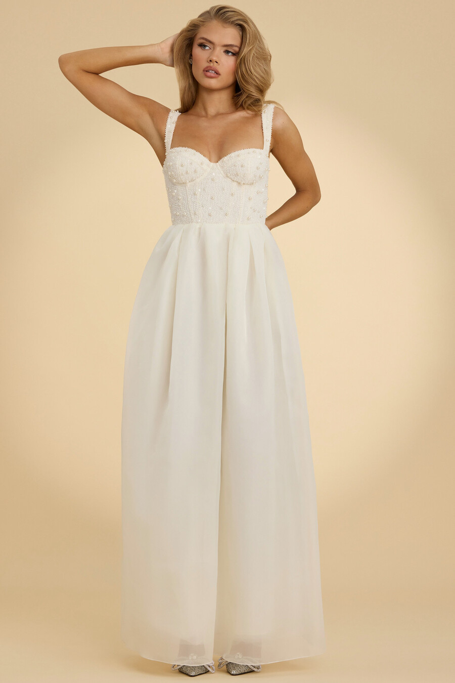 maxi-jurk van organza met korset in wit