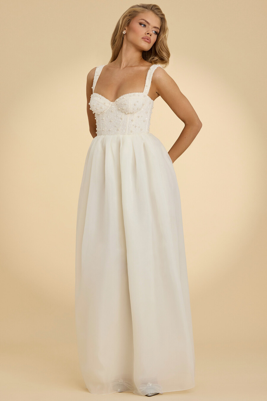 maxi-jurk van organza met korset in wit
