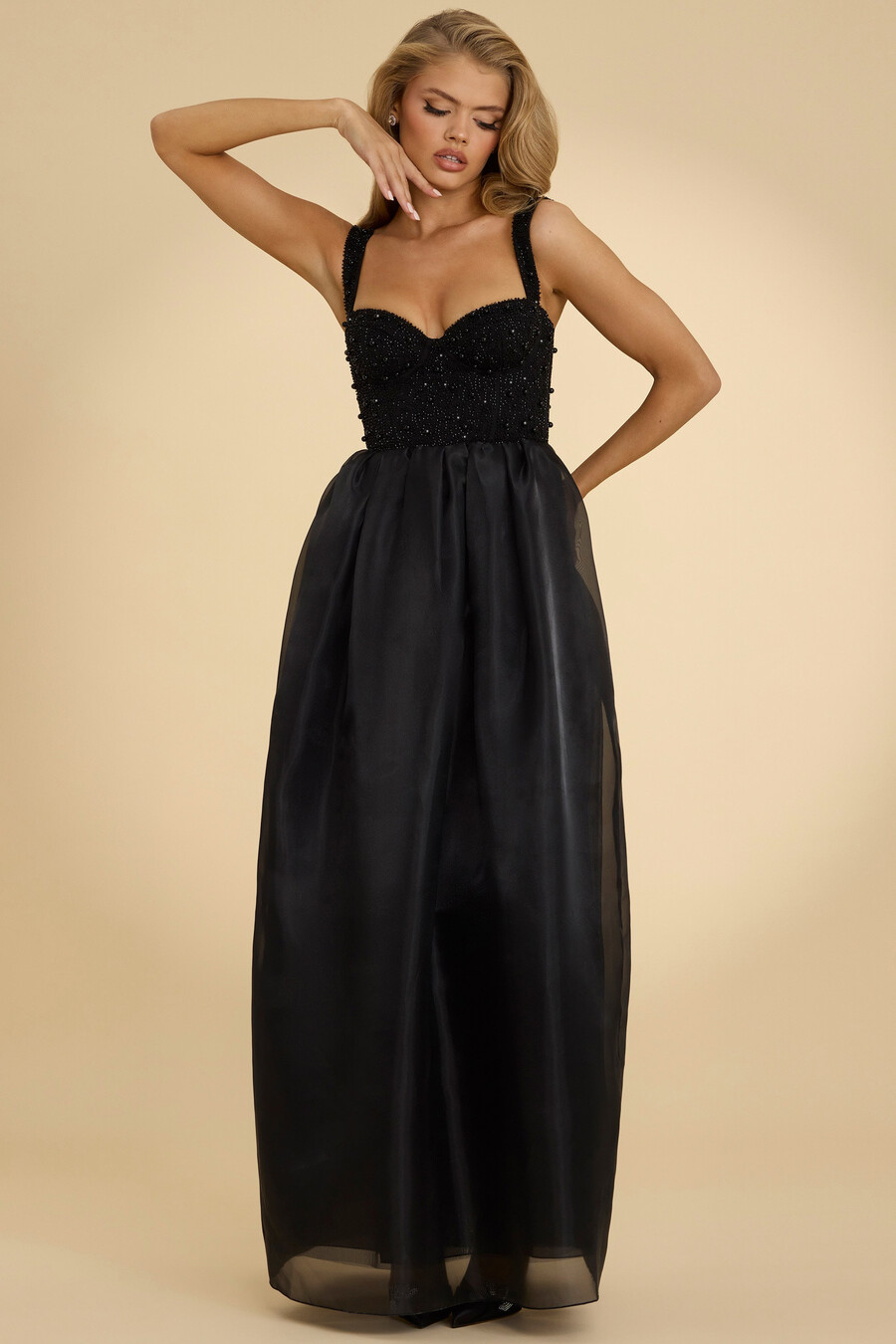 maxi-jurk van organza met korset in zwart