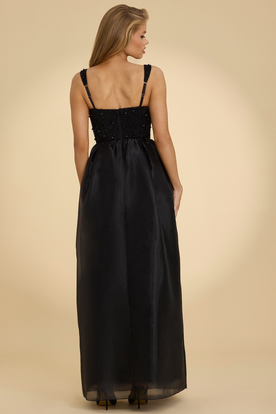 maxi-jurk van organza met korset in zwart