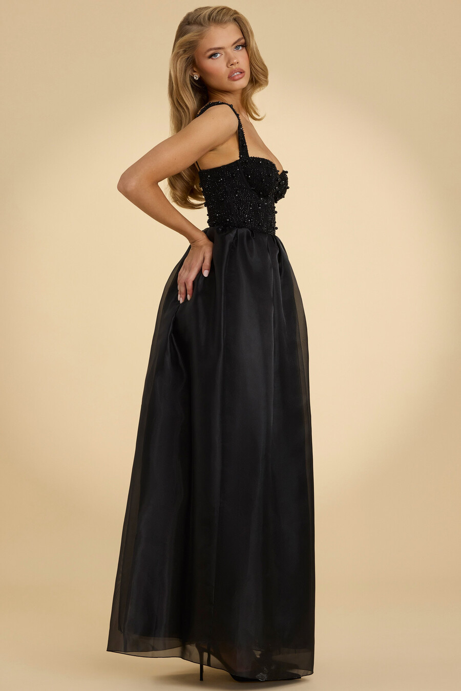 maxi-jurk van organza met korset in zwart