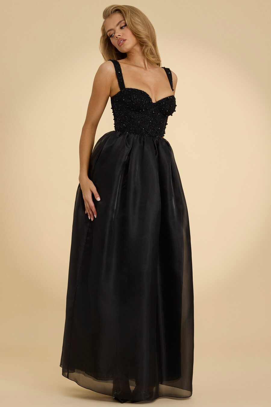 maxi-jurk van organza met korset in zwart