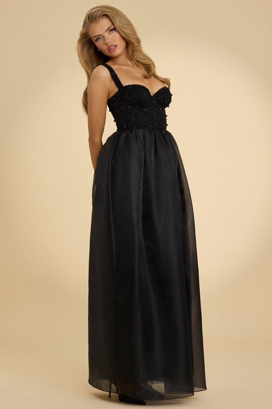 maxi-jurk van organza met korset in zwart