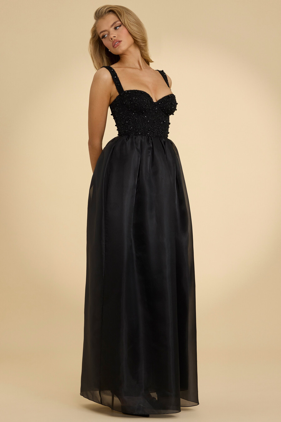 maxi-jurk van organza met korset in zwart